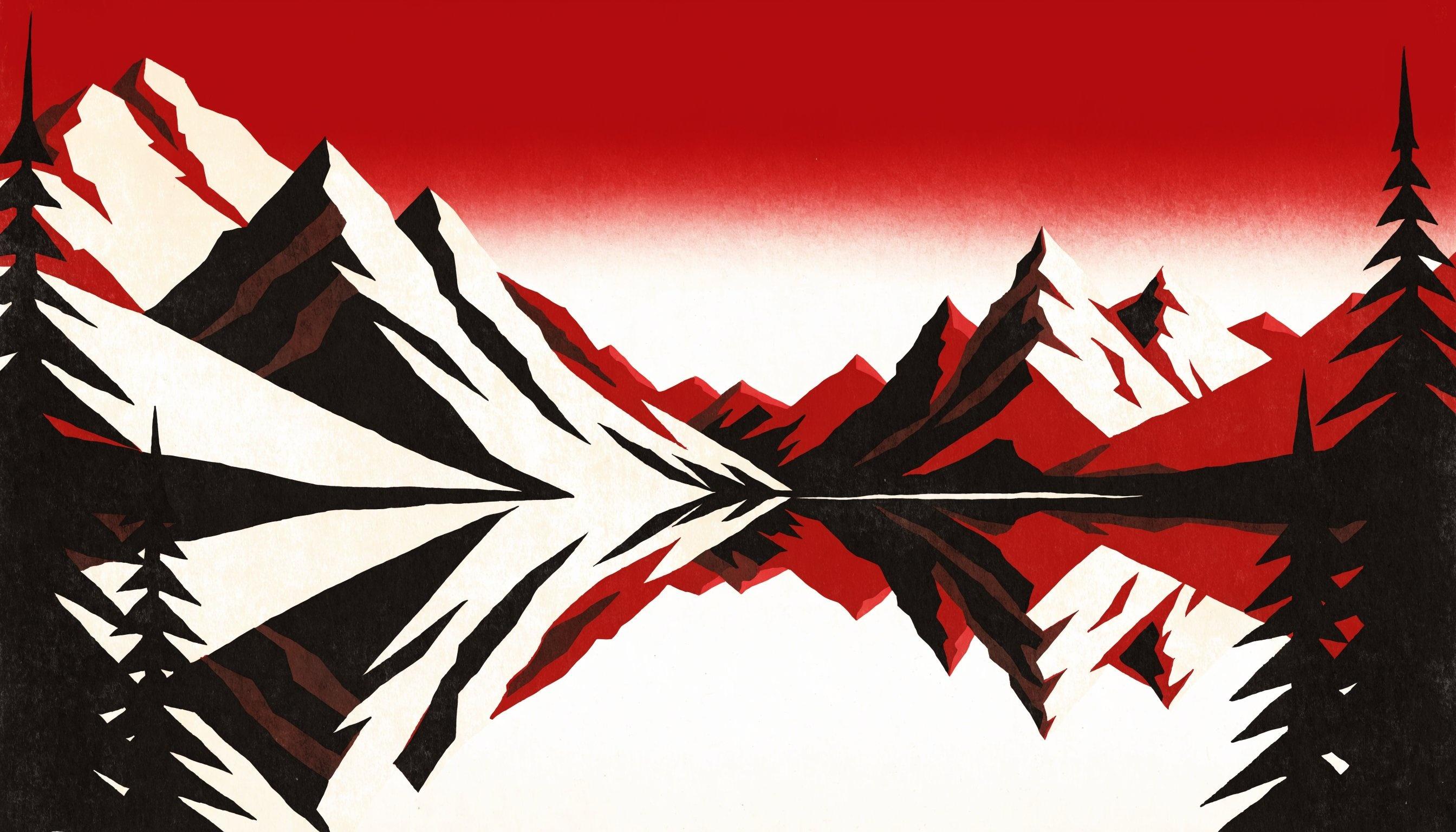 Stylized Canadian Rocky Mountain landscape in the style of a vintage Canadian Pacific Railway poster, featuring geometric peaks in deep red and cream with a still lake reflection
